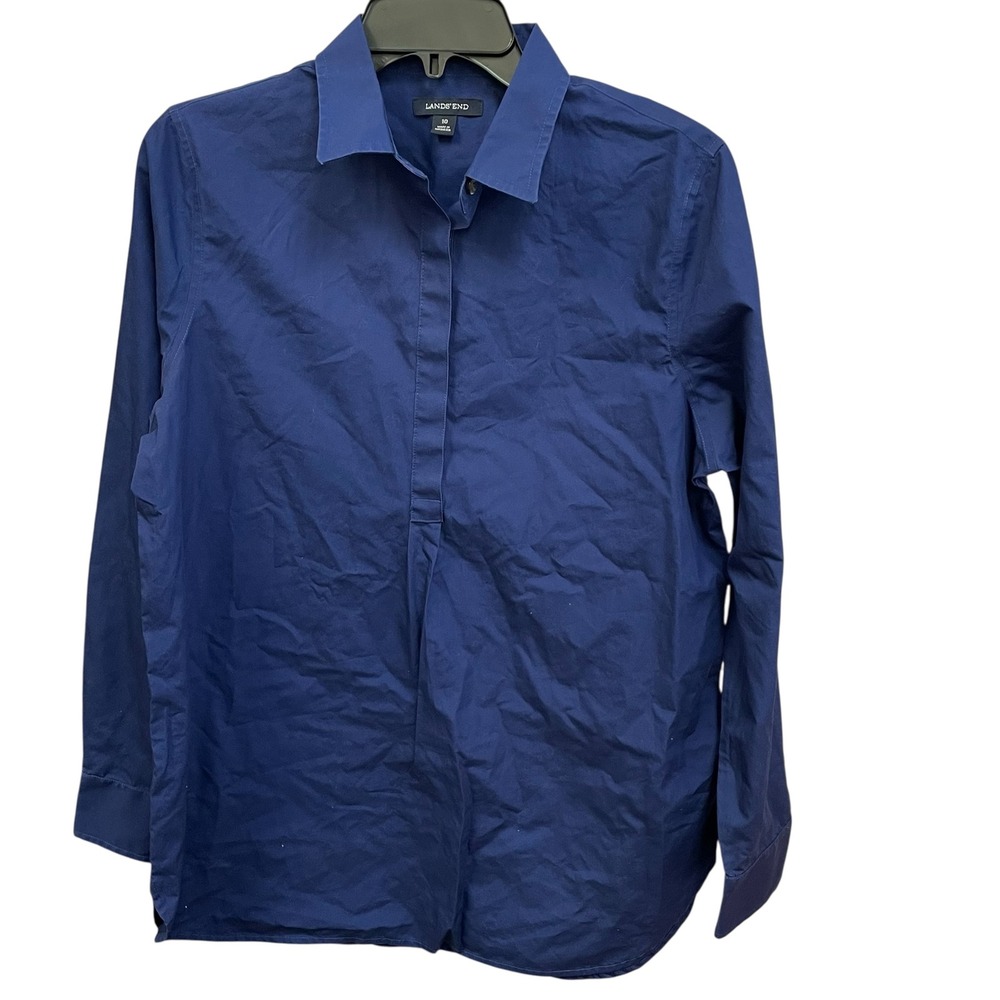 Lands' End No Iron Supima Cotton Tunic Top Long Sleeve Blue Size 10